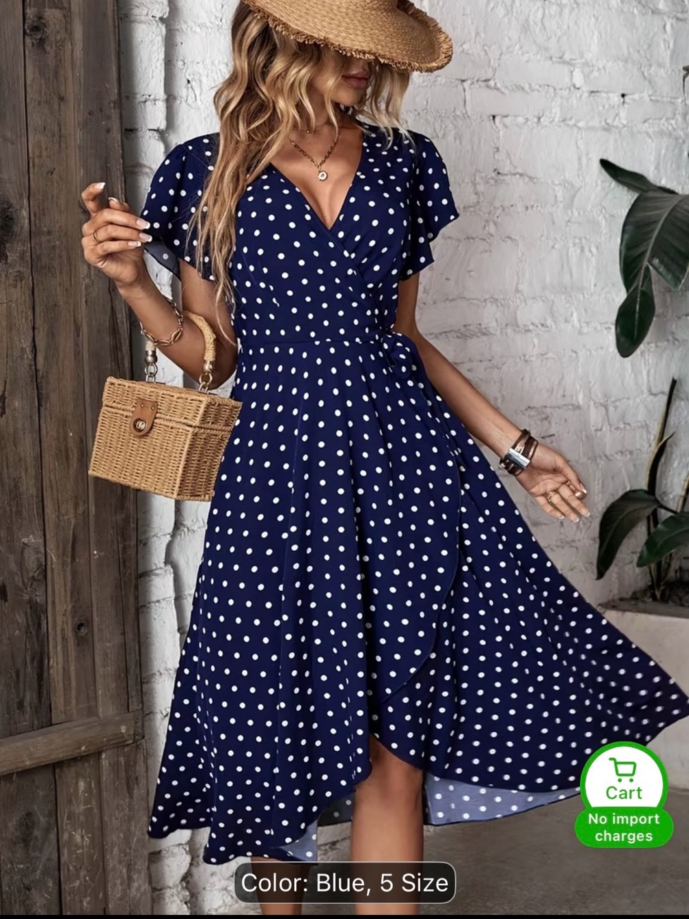 Women's Navy Blue Polka Dot Wrap Midi Dress